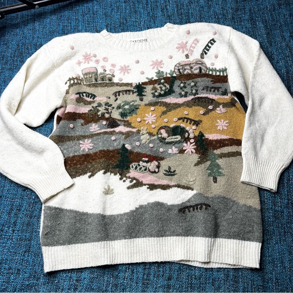 Vintage Gardenr Wool Blend Embroidered Train Mountain Scene Sweater